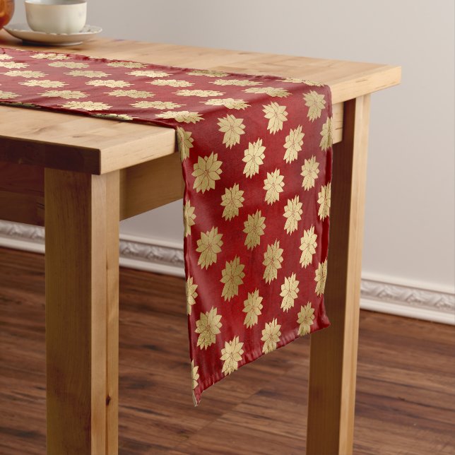 Elegant Red & Gold Poinsettia Christmas Short Table Runner (In Situ)