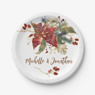 Elegant Red Gold Poinsettia Floral Christmas Paper Plate