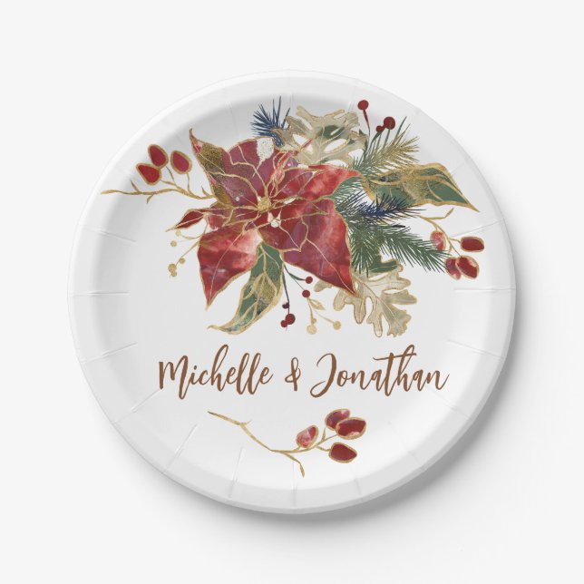 Elegant Red Gold Poinsettia Floral Christmas Paper Plate (Front)