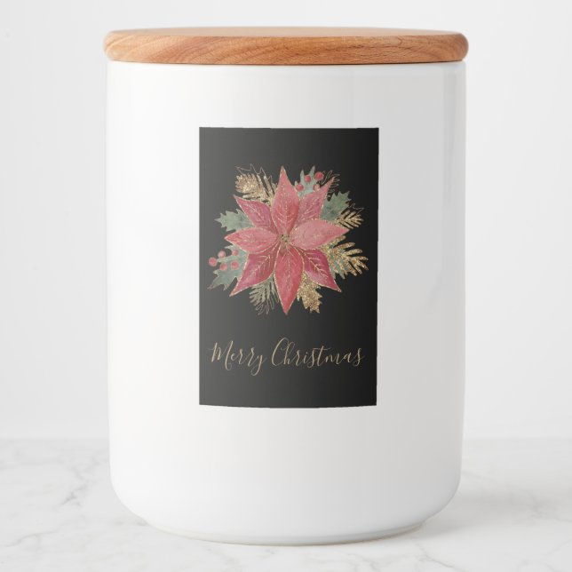 Elegant Red Gold Poinsettia Flower Merry Christmas Food Label (Front)