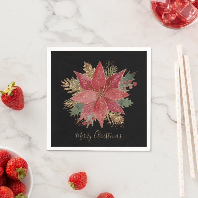 Elegant Red Gold Poinsettia Flower Merry Christmas Napkin (Insitu)
