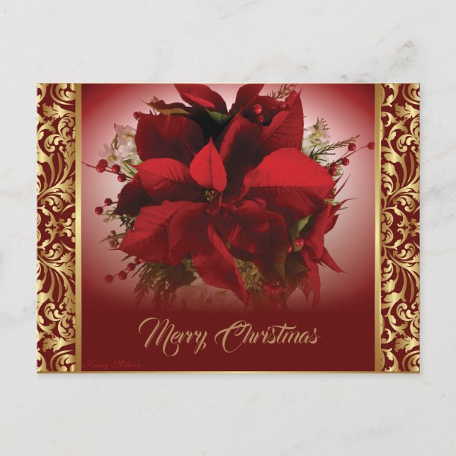 Elegant Red & Gold Poinsettia Postcard (Front)