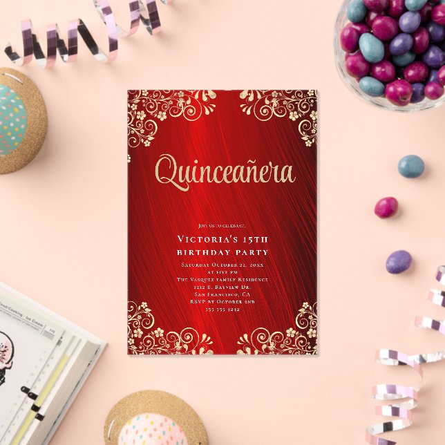 Elegant Red Gold Quinceañera 15th Birthday Party Acrylic Invitations (Insitu (Celebration))