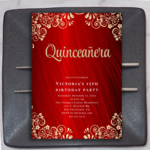 Elegant Red Gold Quinceañera 15th Birthday Party Invitation