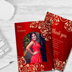 Elegant Red Gold Quinceanera Photo Thank You Card