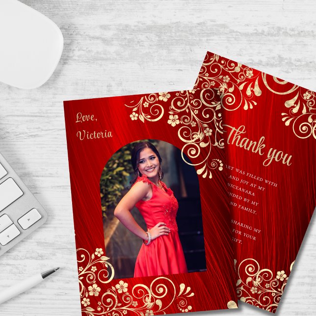 Elegant Red Gold Quinceanera Photo Thank You Card (Creator Uploaded)