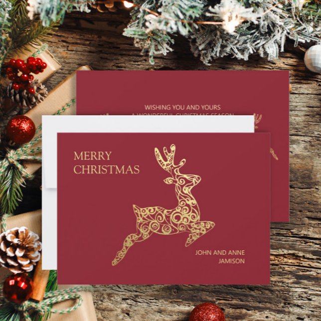 Elegant Red Gold Reindeer Merry Christmas  Holiday Card (Red and gold reindeer Christmas greeting card personalized with your own text.)