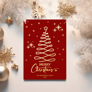 Elegant Red Gold Ribbon Tree Christmas Photo Foil Holiday Card