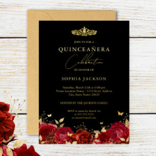 Elegant Red Gold Rose Butterfly Quinceanera