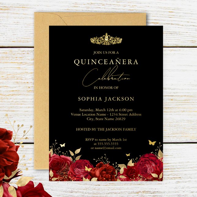 Elegant Red Gold Rose Butterfly Quinceanera   (Creator Uploaded)