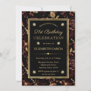 Elegant Red & Gold Rose Floral 21st Birthday Invitation