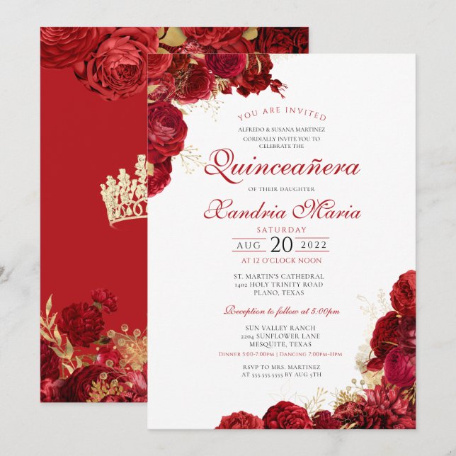 Elegant Red & Gold Rose Floral Quinceanera Invitation (Front/Back)