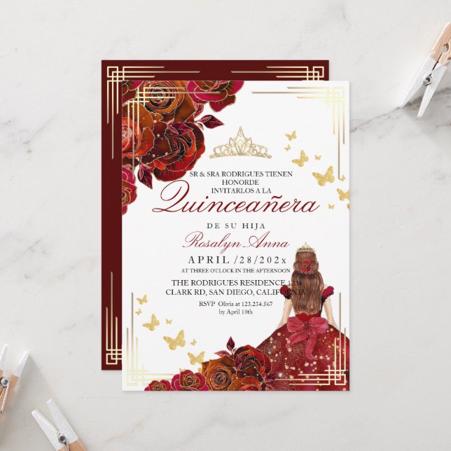 Elegant  Red Gold Rose Princess Quinceañera Invitation (Front/Back In Situ)