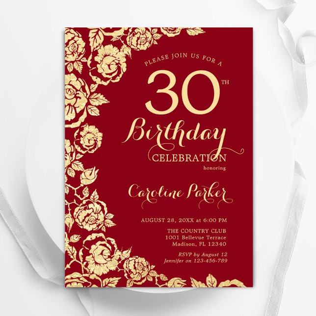 Elegant Red Gold Roses 30th Birthday Invitation (Creator Uploaded)