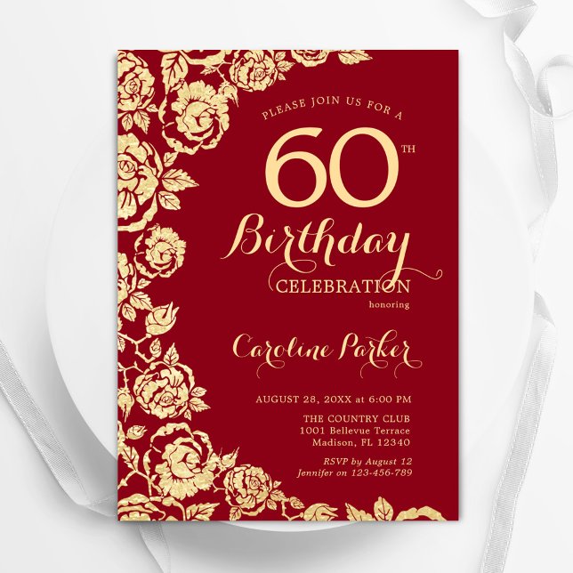 Elegant Red Gold Roses 60th Birthday Invitation (Creator Uploaded)