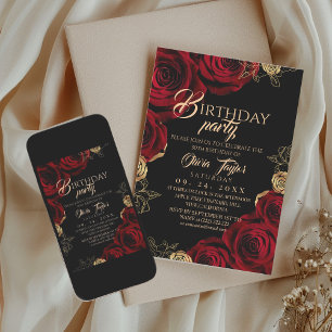 Elegant Red Gold Roses Birthday Party Invitation