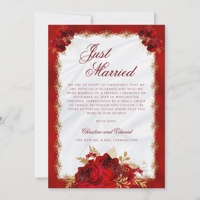 Elegant Red Gold Roses Floral Photo Wedding Announcement (Front)