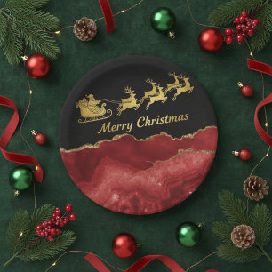 Elegant Red Gold Santa Sleigh Merry Christmas Paper Plate