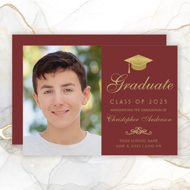 Elegant Red Gold Script Grad Cap Photo Graduation Announcement (Elegant Maroon and Gold Photo Graduation Announcement for boys.)