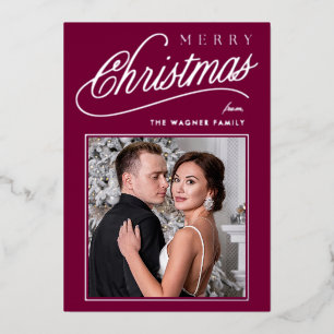 Elegant Red Gold Script Merry Christmas Photo Foil Holiday Card