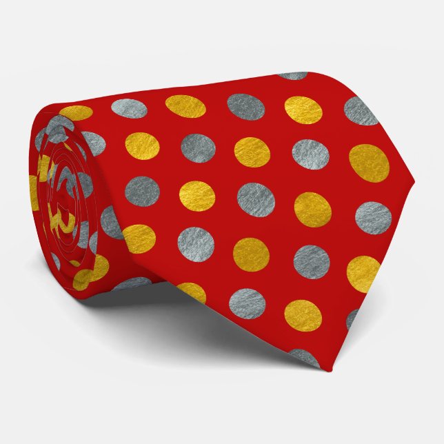 Elegant Red Gold Silver Polka Dot Modern Christmas Tie (Rolled)