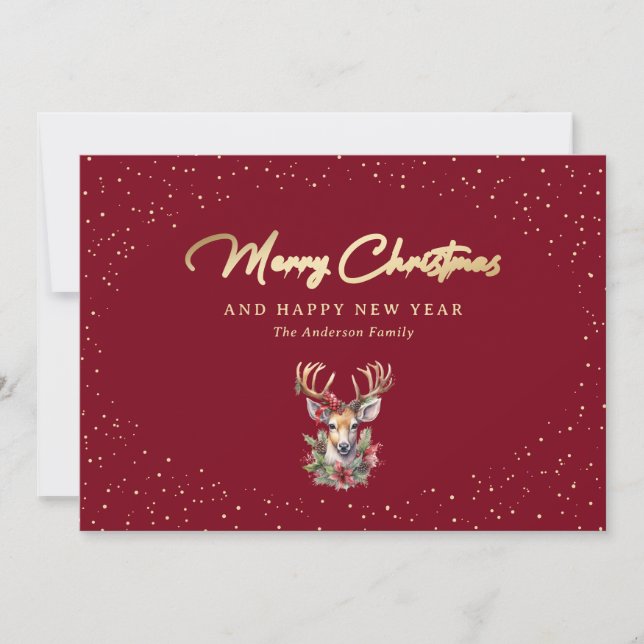 Elegant Red Gold Snow Reindeer Christmas Cards (Front)