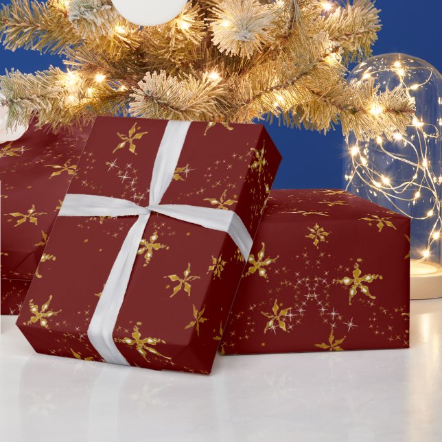 Elegant Red Gold Snowflake Christmas Twinkle Stars Wrapping Paper (Holidays)