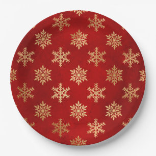 Elegant Red Gold Snowflakes Christmas Paper Plate