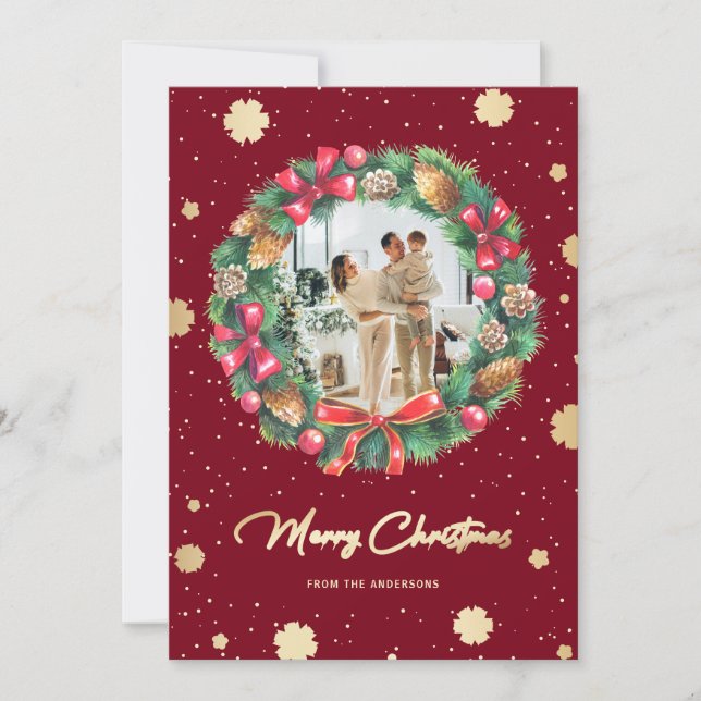 Elegant Red Gold Snowflakes Wreath Photo Holiday Card (Front)