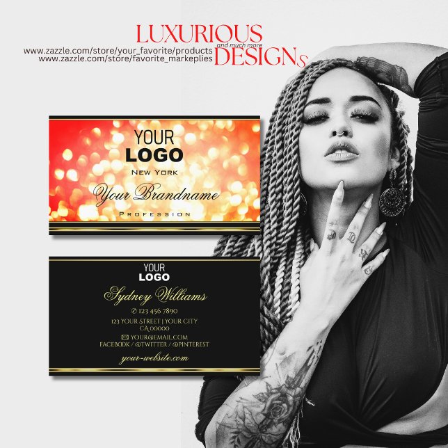 Elegant Red Gold Sparkle Glitter Logo Black Modern Business Card (Creator Uploaded)