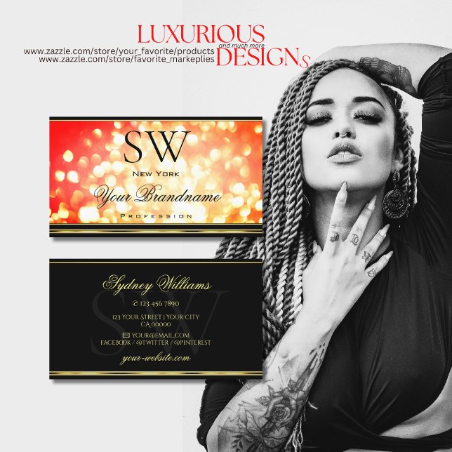 Elegant Red Gold Sparkle Glitter Monogram Black Business Card (Creator Uploaded)
