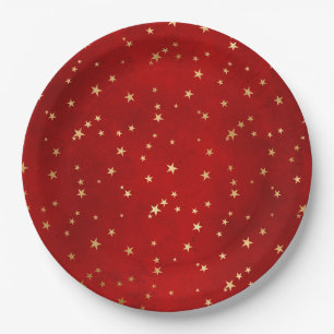Elegant Red Gold Stars Christmas Paper Plate
