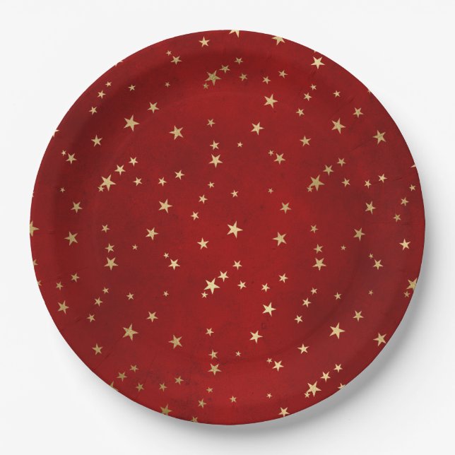 Elegant Red Gold Stars Christmas Paper Plate (Front)