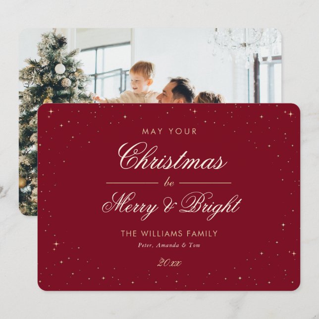 Elegant Red Gold Stars Photo Christmas Holiday Card (Front/Back)