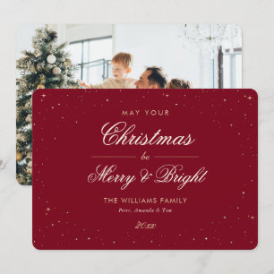 Elegant Red Gold Stars Photo Christmas Holiday Card