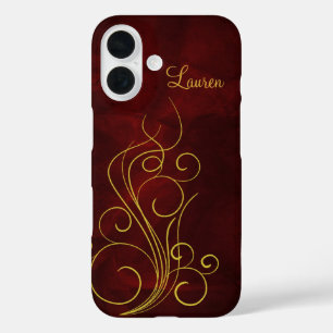 Elegant Red Gold Swirl iPhone 16 Case