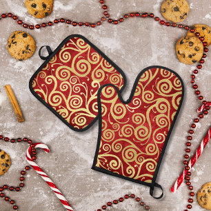   Elegant Red & Gold Swirls Pattern Boho Christmas Oven Mitt & Pot Holder Set
