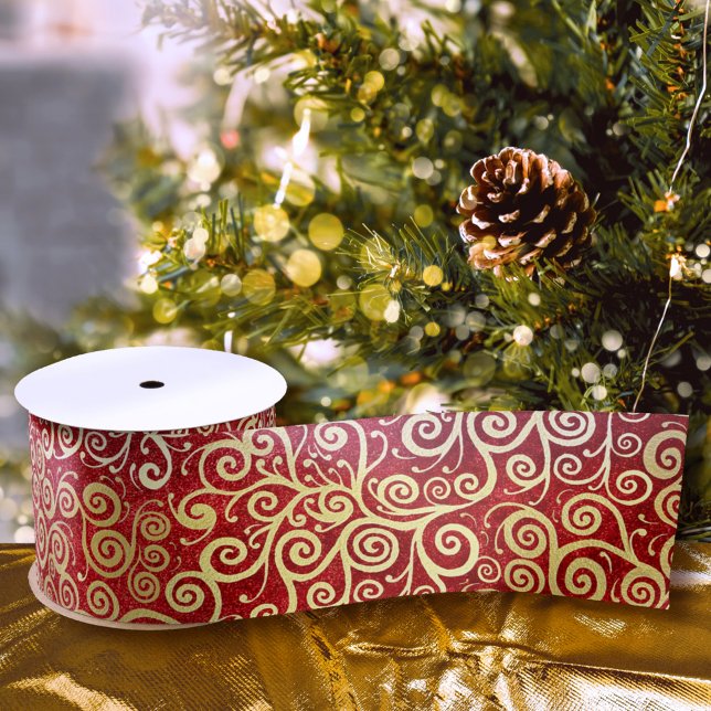   Elegant Red & Gold Swirls Pattern Boho Christmas Satin Ribbon (Creator Uploaded)