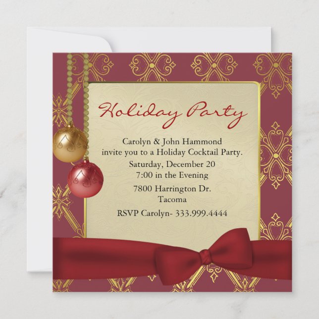 Elegant Red & Gold Tone Holiday Party Invitation (Front)