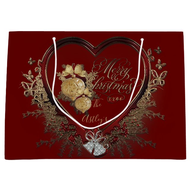 Elegant Red-Gold Victorian Heart Custom Large Gift Bag (Front)
