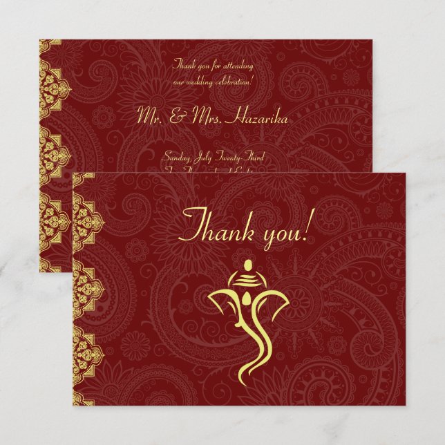 Elegant Red & Gold Vinayaka Wedding Thank You Card (Front/Back)