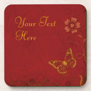 Elegant Red & Gold Vintage Butterflies Coaster