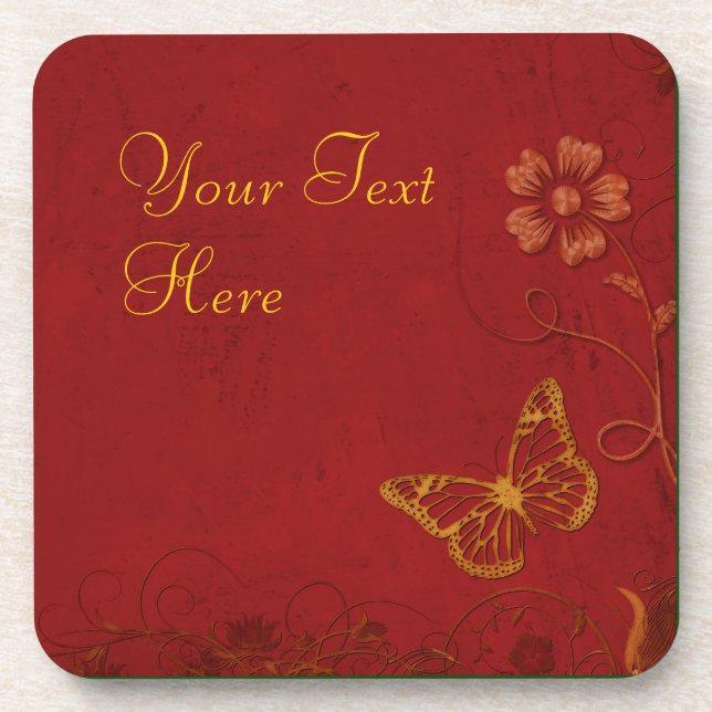 Elegant Red & Gold Vintage Butterflies Coaster (Front)