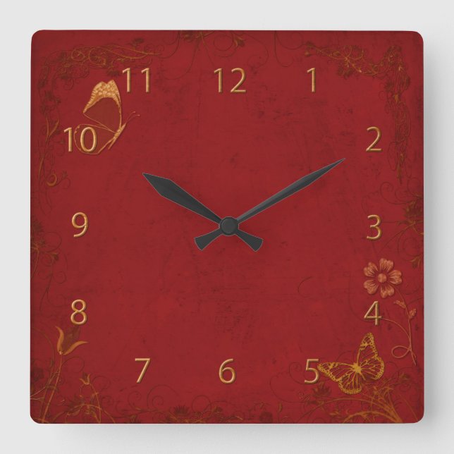 Elegant Red & Gold Vintage Butterflies Square Wall Clock (Front)