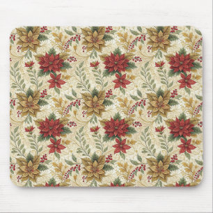 Elegant Red & Gold Vintage Poinsettia Floral Mouse Mat