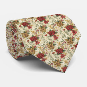 Elegant Red & Gold Vintage Poinsettia Floral Tie