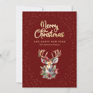 Elegant Red Gold Watercolor Deer Snow Holiday Card