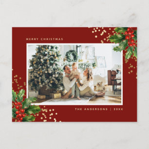 Elegant Red Gold Watercolor Holly Photo Holiday Postcard