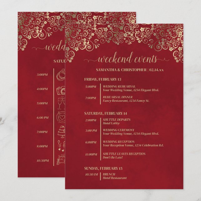 Elegant Red & Gold Wedding Events & Timeline Programme (Front/Back)