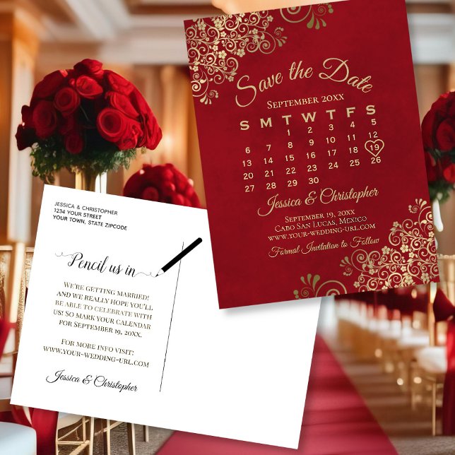 Elegant Red & Gold Wedding Save the Date Calendar Announcement Postcard (Front and Back)